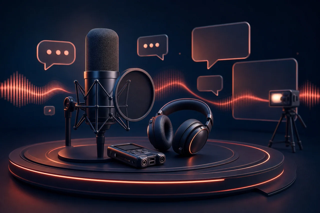 تصویرسازی سه‌بعدی میکروفن، هدفون و گفت‌وگوی حرفه‌ای